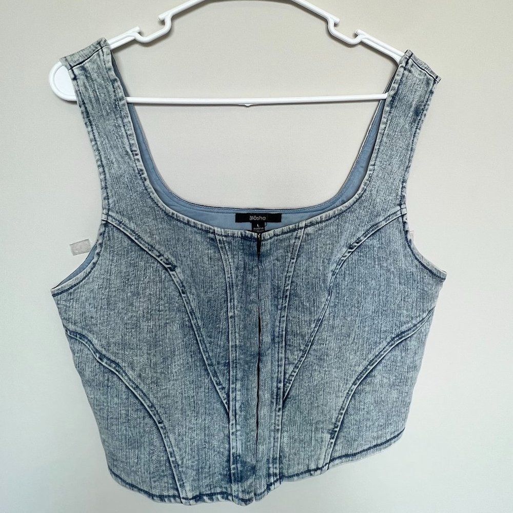Blāshe 80s Zip Front Denim Midriff/Bustier Top
